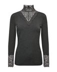 Hochgeschnittenes Langarmshirt mit Spitze in Grau