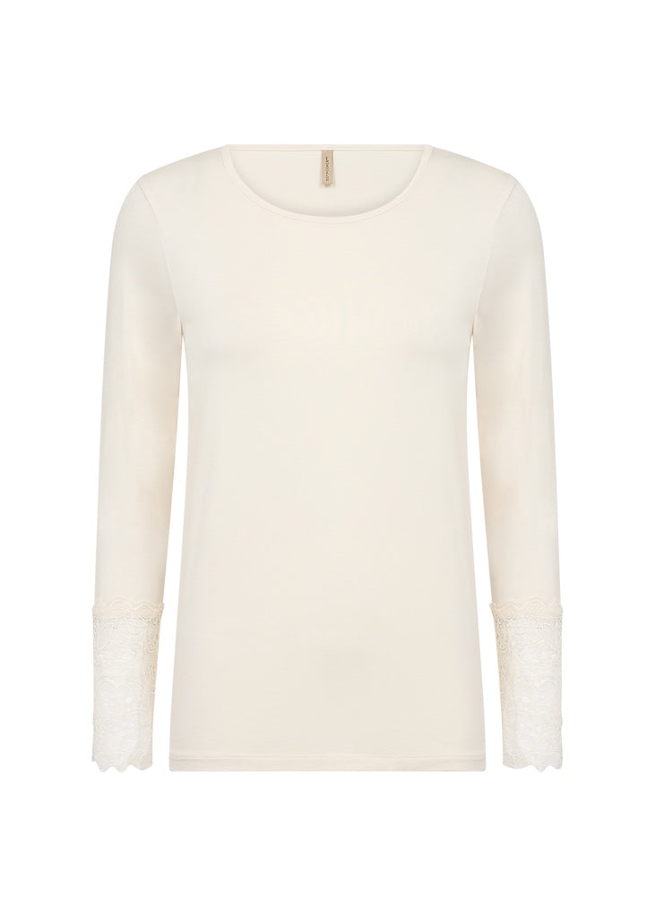 Langarmshirt mit Spitzendetails in Creme