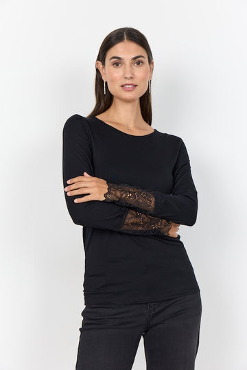 Langarmshirt mit Spitzendetails in Schwarz
