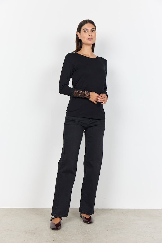 Langarmshirt mit Spitzendetails in Schwarz