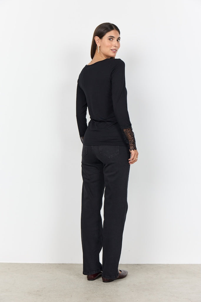 Langarmshirt mit Spitzendetails in Schwarz