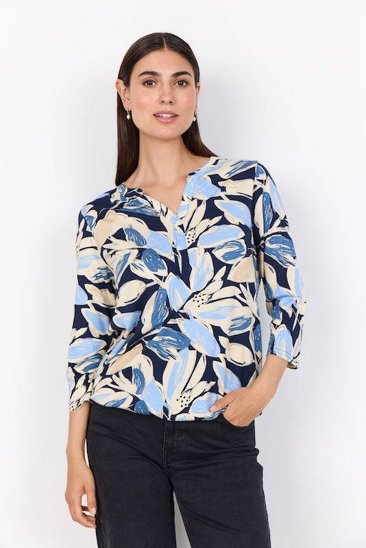 Bluse mit abstraktem Blumendruck in Blau