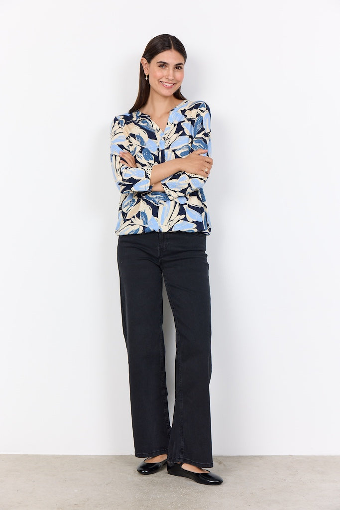 Bluse mit abstraktem Blumendruck in Blau