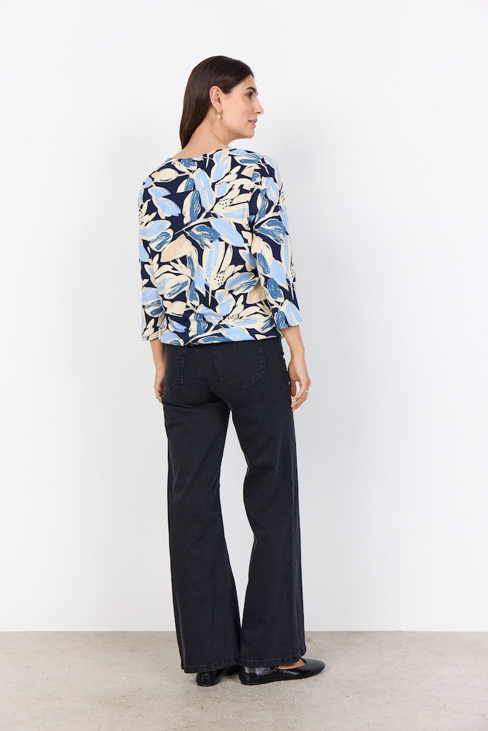 Bluse mit abstraktem Blumendruck in Blau