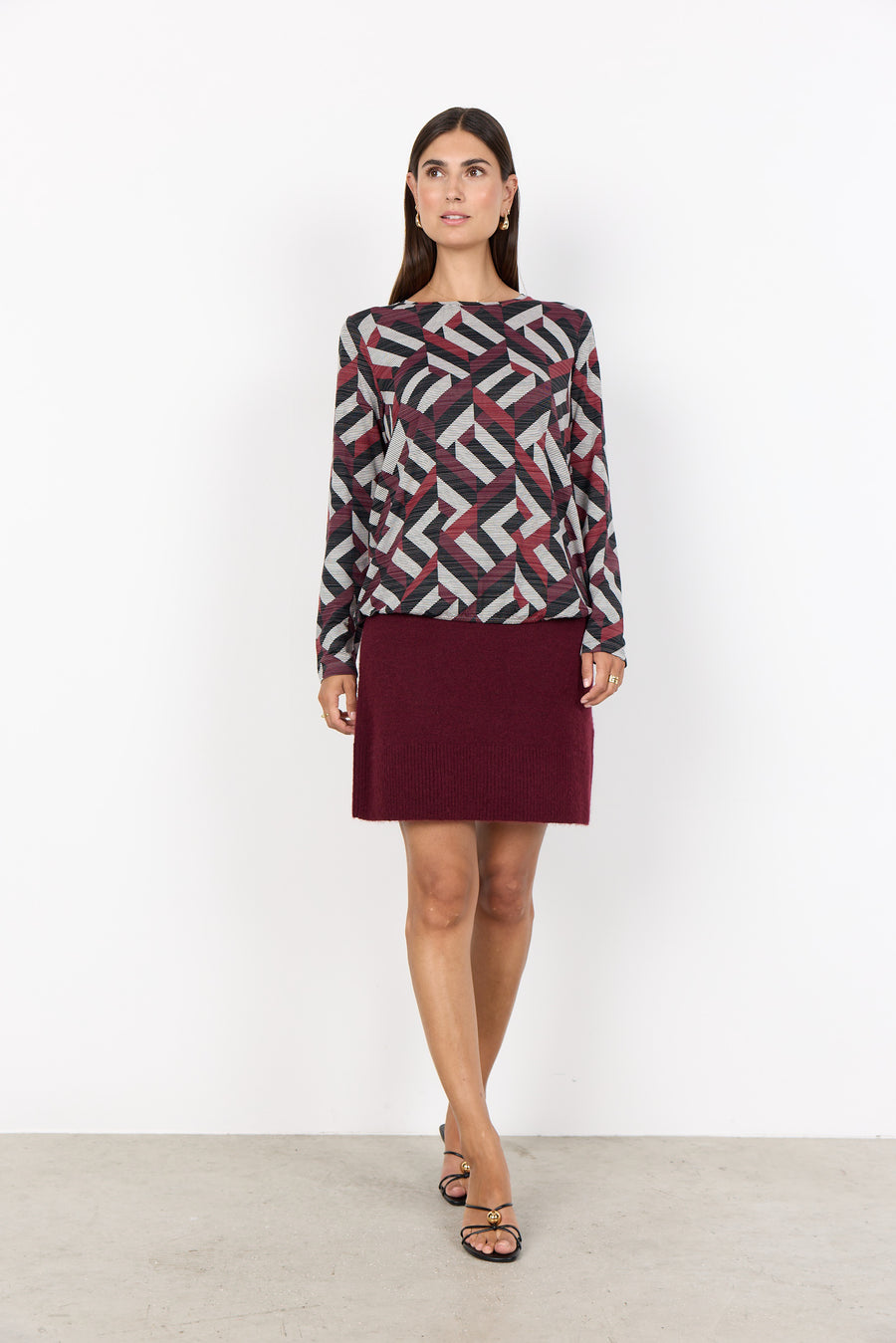Langarmshirt mit geometrischem Print mit Bordeaux