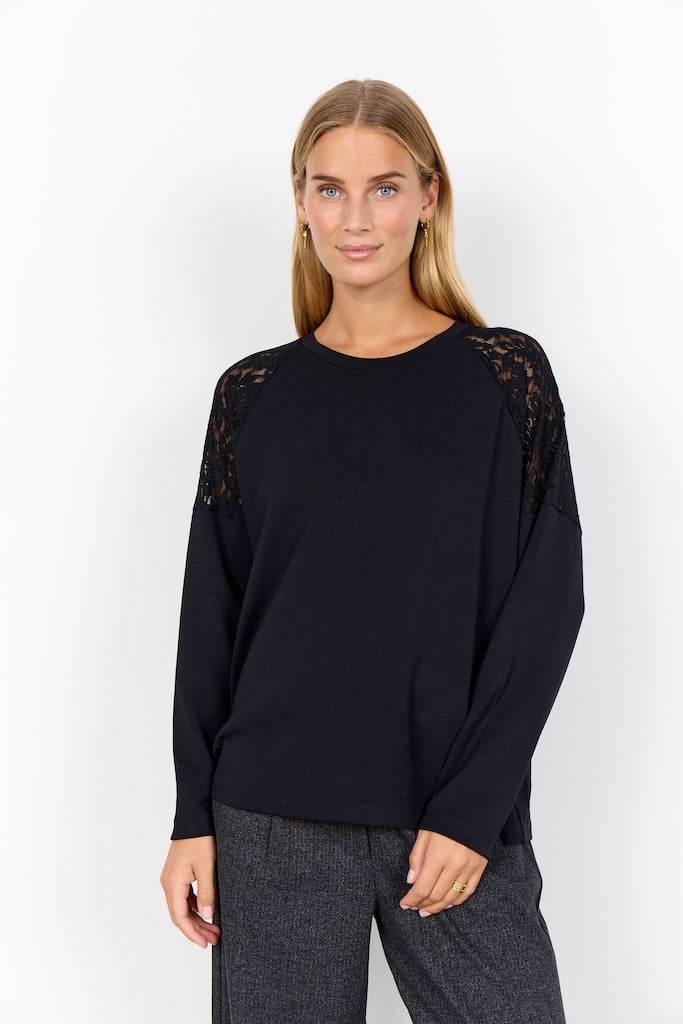 Sweartshirt in Schwarz mit Spitze an den Schultern