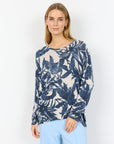 Weicher Pullover mit lebhaftem Blattmuster in blau