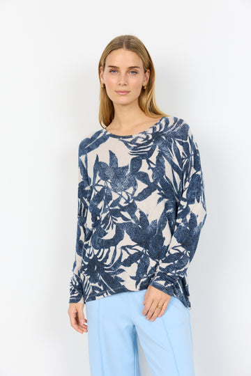 Weicher Pullover mit lebhaftem Blattmuster in blau
