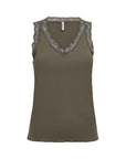 Top mit Spitzendetails und V- Ausschnitt in Olive