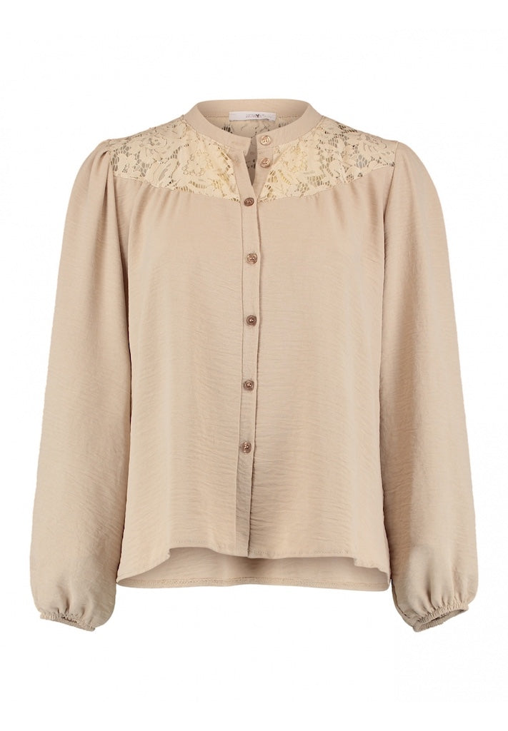 Langarmbluse mit Spitze in Beige