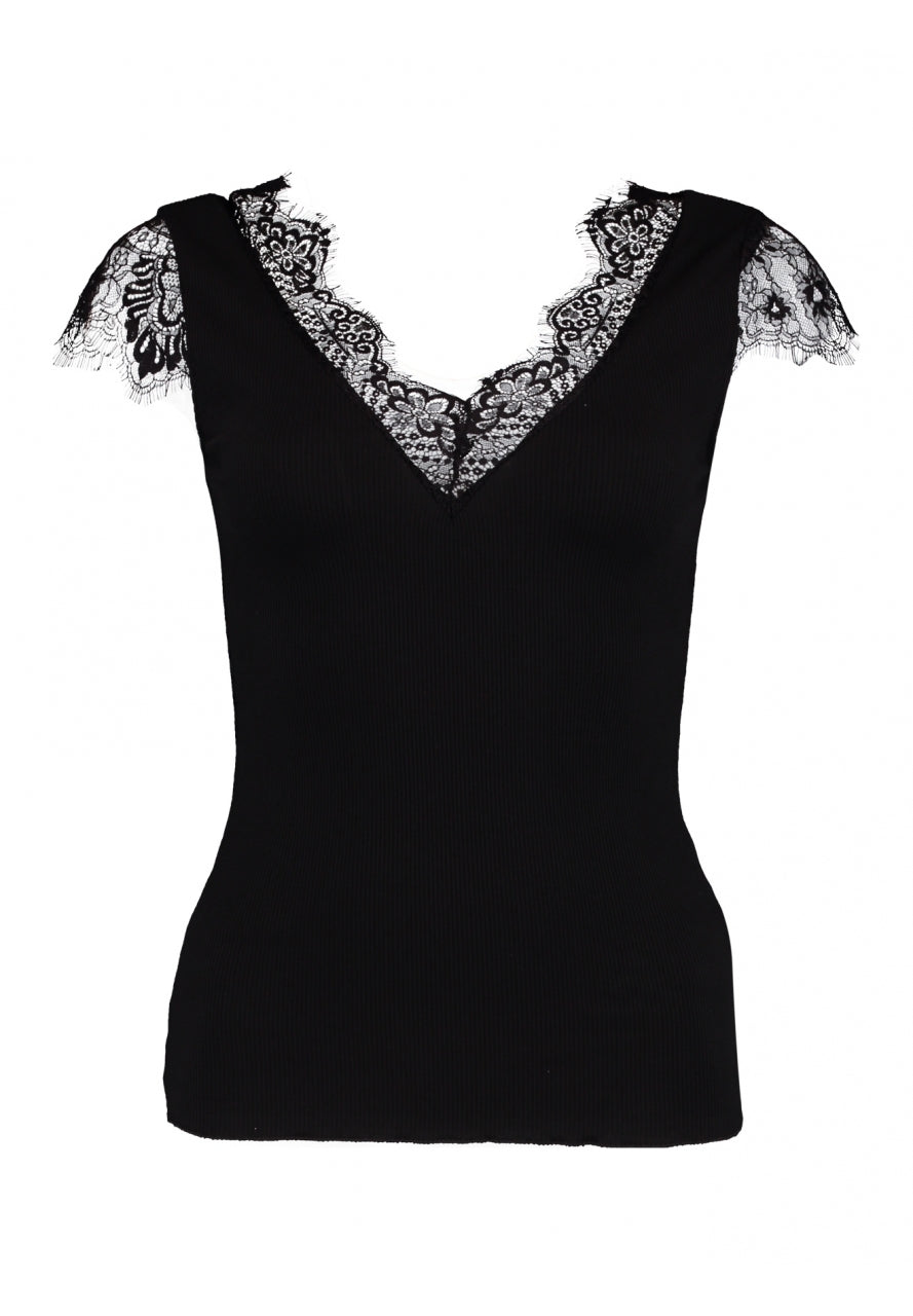Ripp-Spitzenshirt in Schwarz