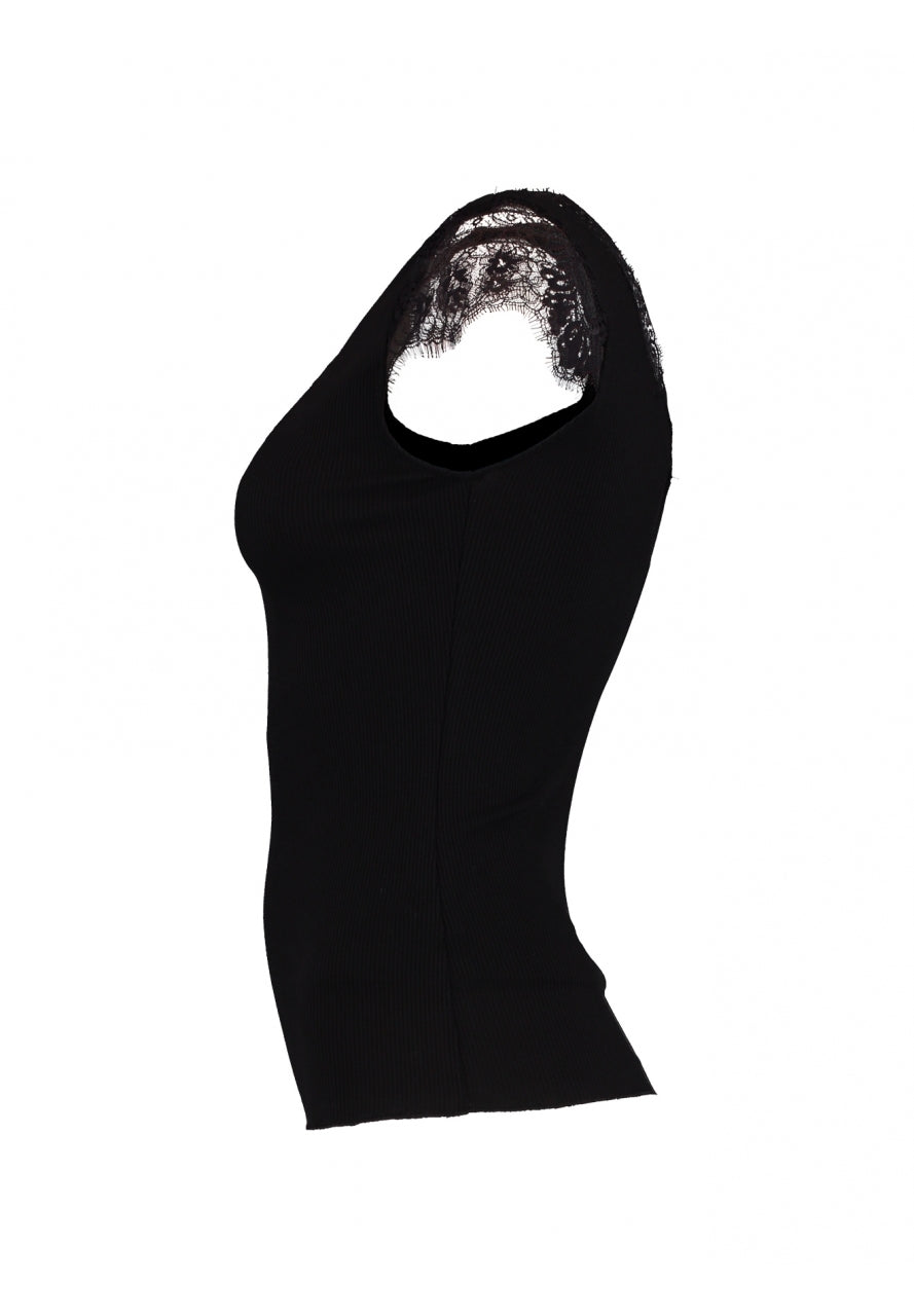 Ripp-Spitzenshirt in Schwarz