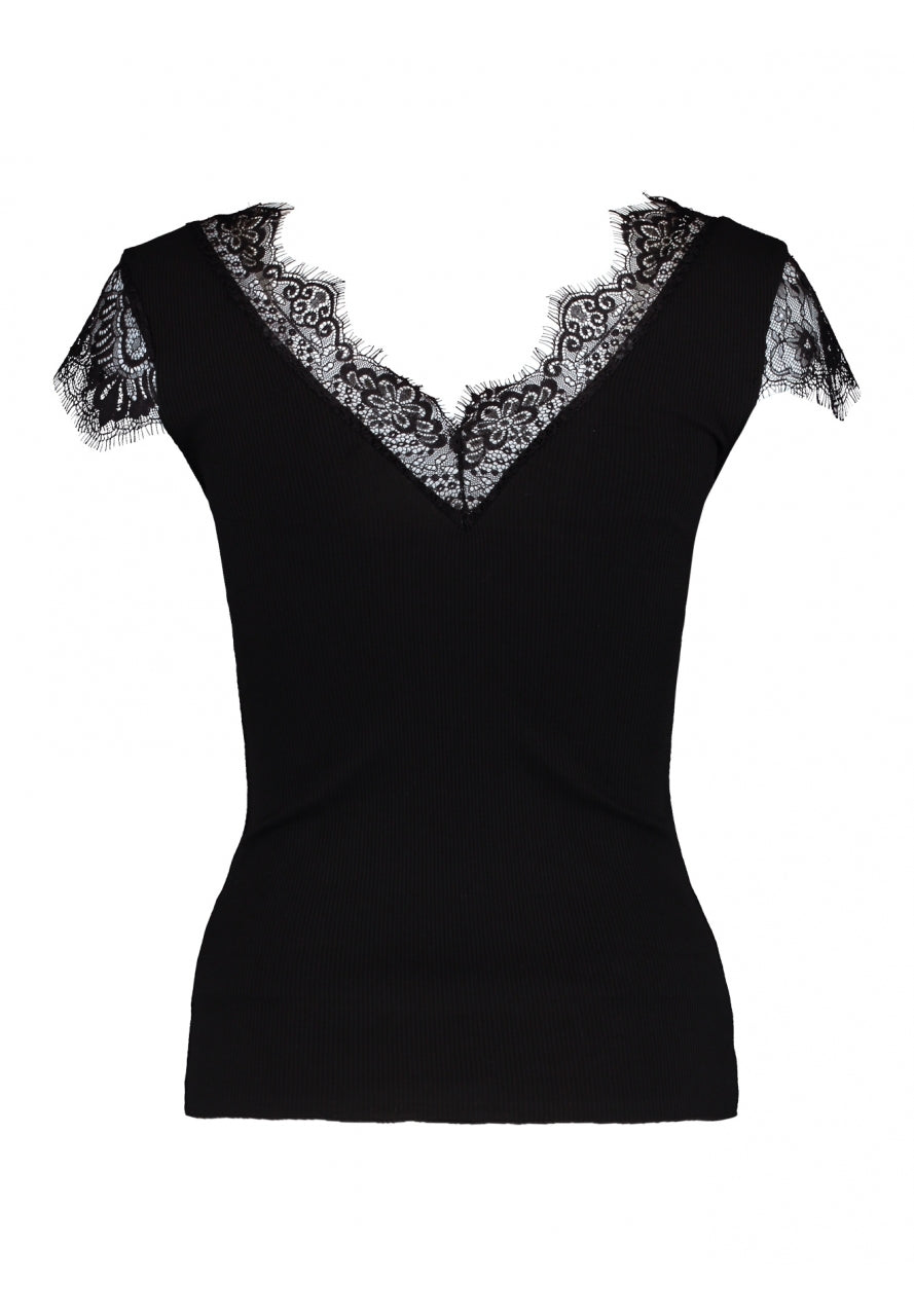 Ripp-Spitzenshirt in Schwarz