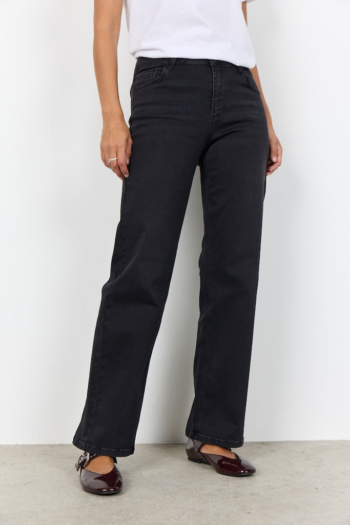 Weite Jeans dunkle Waschung mit auffälligen Nähten