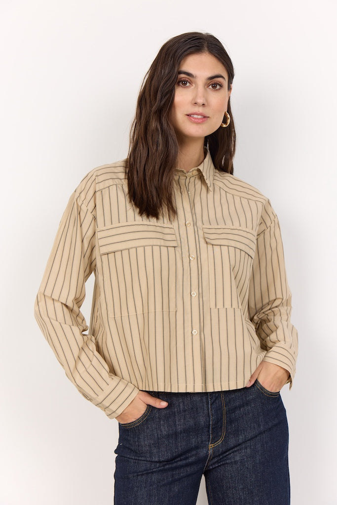Kastige Bluse mit Streifen in Beige