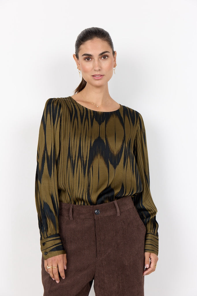 Festliches Blusenshirt mit abstraktem Druck in Olive