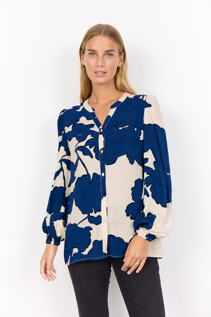 Bluse mit auffälligem Blumendruck in Blau