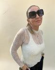 Longshirt mit Spitzenstruktur in Creme