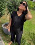3/4 Hose mit Plisseestruktur in Schwarz