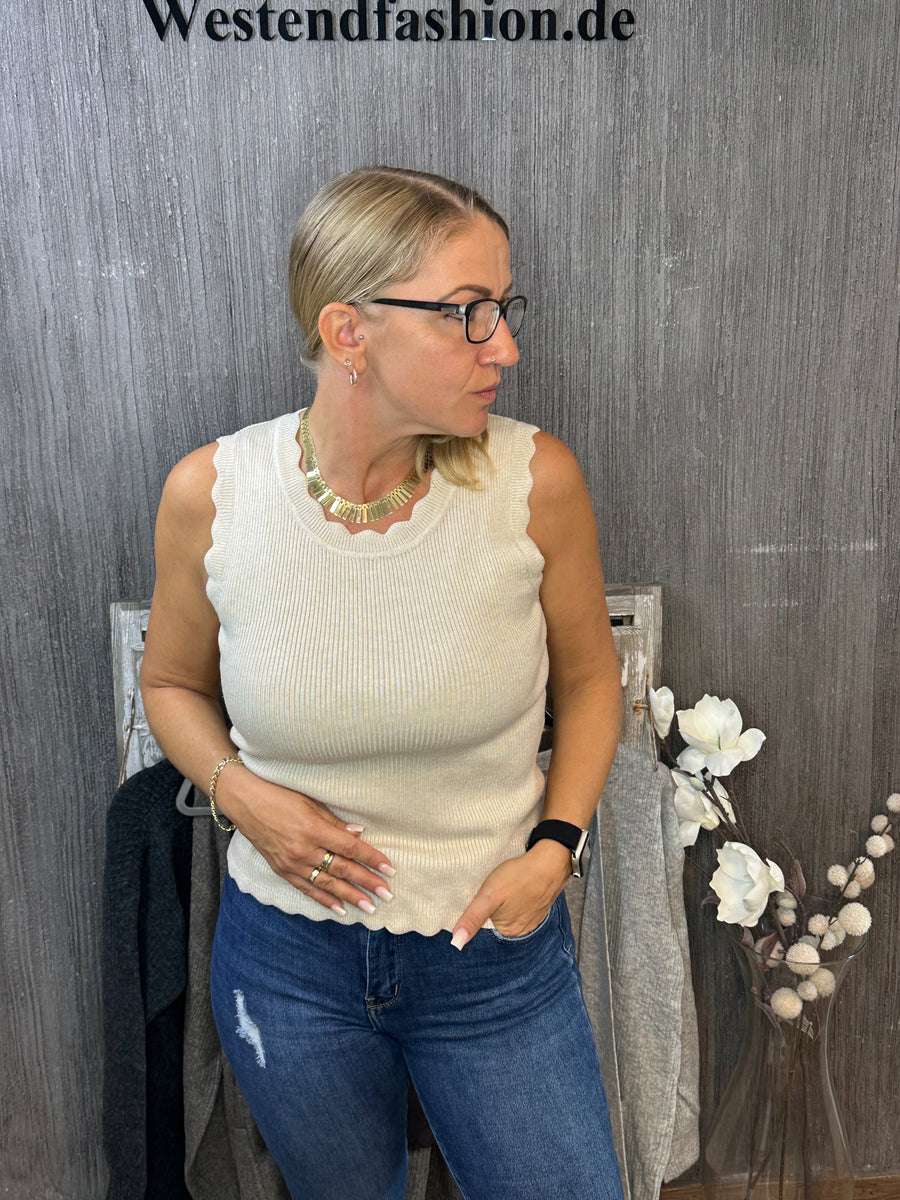Ripp-Stricktop mit Wellenkanten in Beige