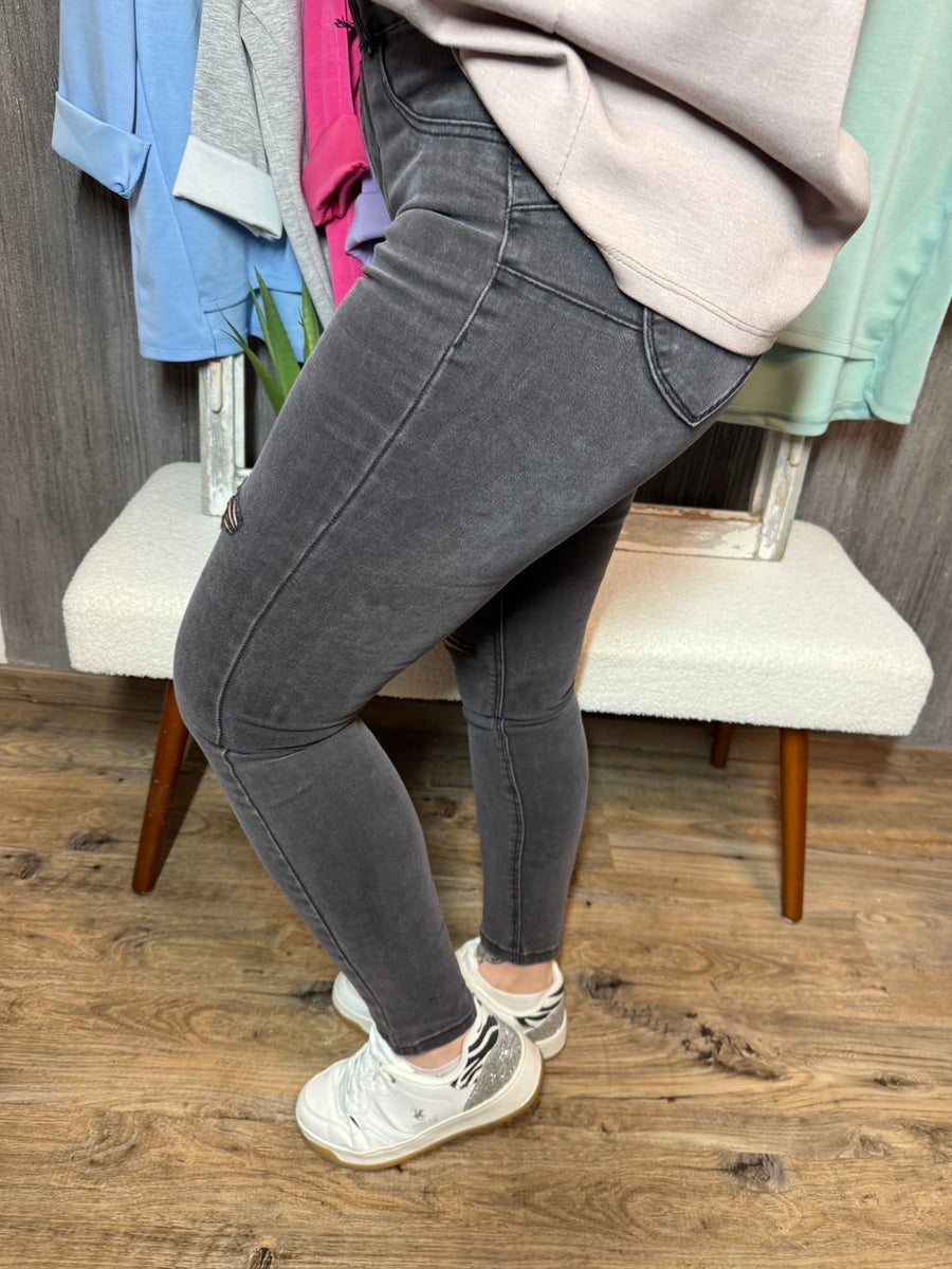 High Waist Push UP Destroyed Stretch-Jeans in dunkelgrau