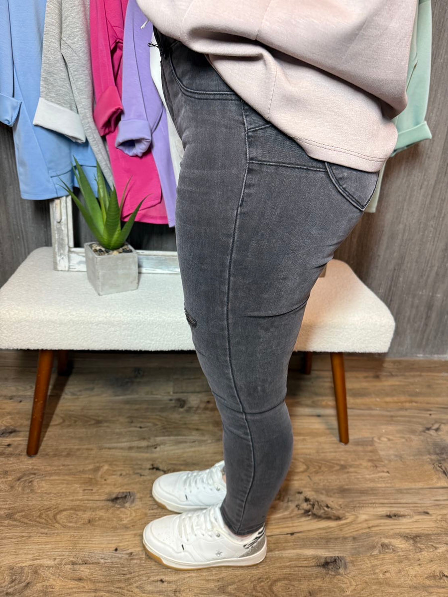 High Waist Push UP Destroyed Stretch-Jeans in dunkelgrau