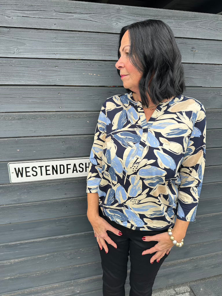 Bluse mit abstraktem Blumendruck in Blau