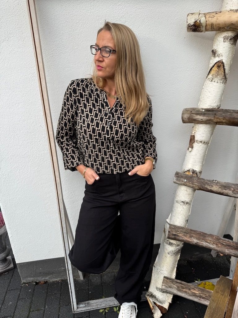 Edle Bluse mit V-Ausschnitt & geometrischem Print