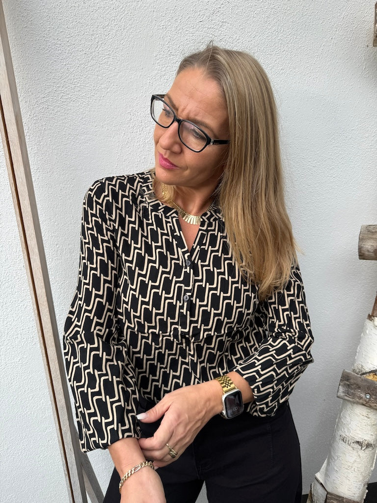 Edle Bluse mit V-Ausschnitt & geometrischem Print