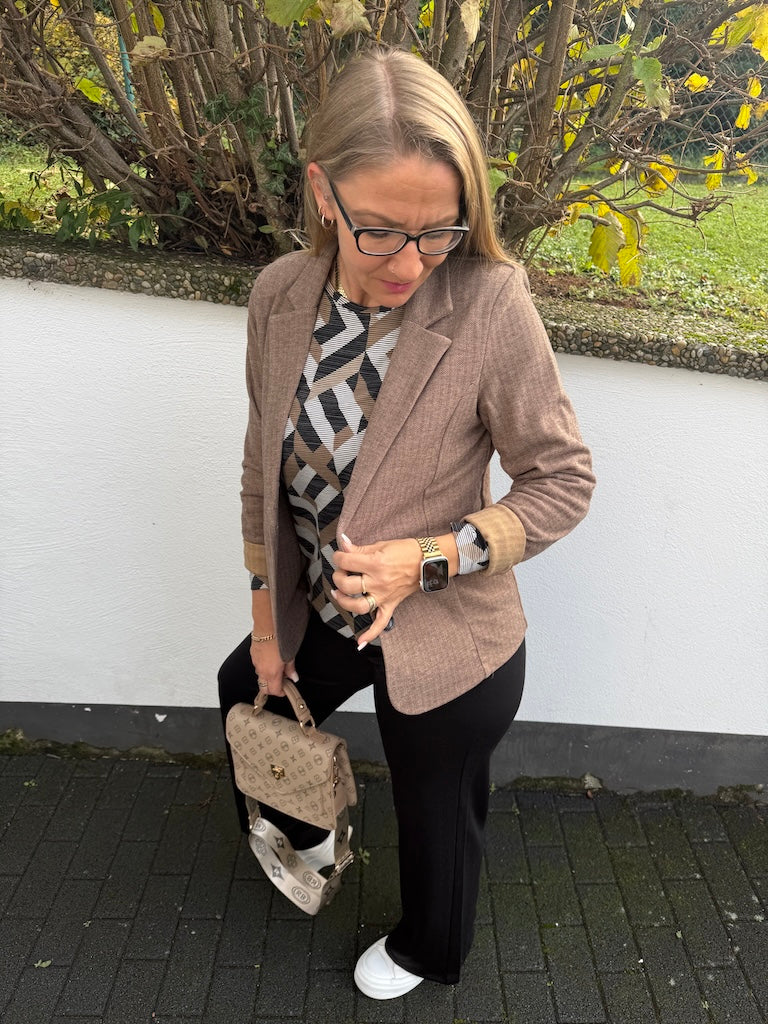 Soft-Blazer mit Fischgrätenmuster in Braun