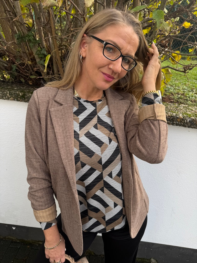 Soft-Blazer mit Fischgrätenmuster in Braun