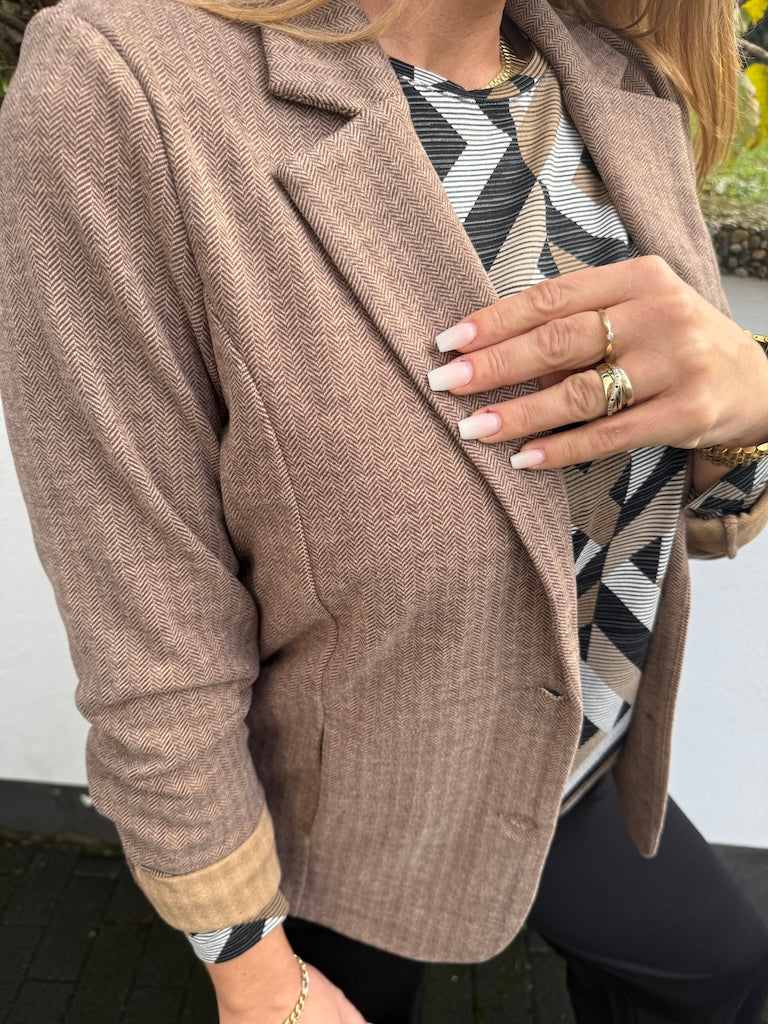 Soft-Blazer mit Fischgrätenmuster in Braun
